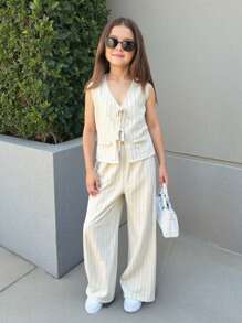 Bộ đồ hai mảnh Nova Glow Tween Girls Loose Casual Striped Vest And Wide Leg Pants - trắng - Xem 6