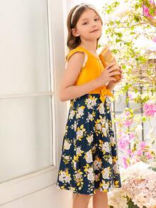 SHEIN Toddler Girls Fake Button Bow Front Floral Dress - Multicolor - View 4