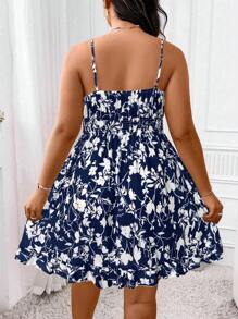 SHEIN PETITE 收腰性感细肩带碎花紧身连衣裙，复古风格收腰性感碎花细肩带紧身连衣裙，优雅时尚碎花 A 字形细肩带迷你连衣裙，清新夏日花卉系腰修身细肩带连衣裙 - 藍色 - 查看 2