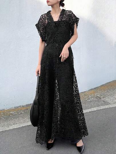 FRIFUL Women's Long Black Sheer Lace V-Neck Waisted Dress, Vacation Beachwear Elegant Prom Dress