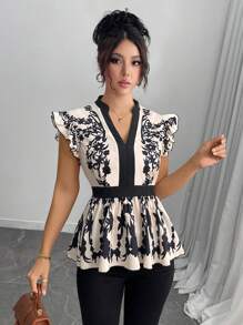 Chiquease Blusa con escote en V elegante y volante en el bajo, casual y de moda, apropiada para uso diario en verano - Multicolor - Ver 1