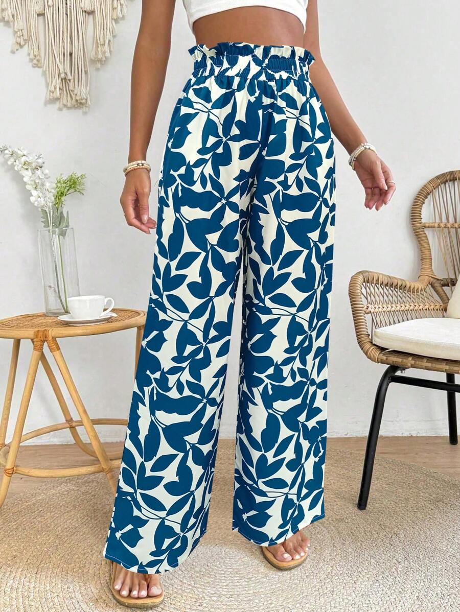 SHEIN PETITE Women's Vacation Plant Print Ruffle Waist Wide Leg Loose Pants Fall Cloth For Women - Multicolor - View 1