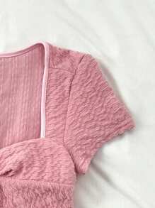 SHEIN Leap Crew Teen Girls' Spring & Summer Pink Texture Jacquard Twist-Knot Fitted Waist Short Sleeve Romper, Vacation Casual Minimalist Jumpsuit - Pink - View 5