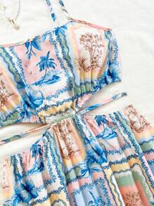 Soleia Women's Resort Tropical Landscape Print Cutout Cinching Waist Fit And Flare Summer Midi Dress, Boho Style, Suitable For Holiday, Dates, Afternoon Tea, Beach,Bohemian Clothes Vacation Dress - Multicolor - View 6