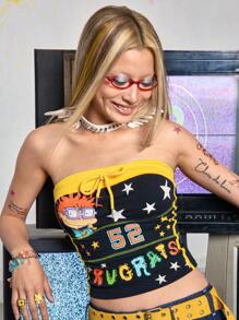 Nick 90's X ROMWE Áo ống bó sát họa tiết hoạt hình và số bóng đá dễ thương Y2K - Nhiều màu - Xem 9