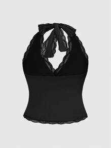 ROMWE Grunge Punk Top senza schienale con halter e bordo in pizzo per donne taglie forti - nero - Visualizzare 2