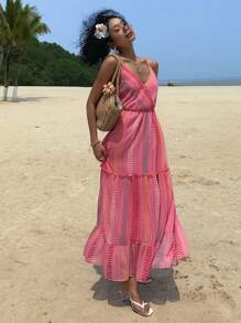 DAZY فستان كاجوال مقلم بحمالات سباغيتي، طراز العطلات، أزياء الشاطئ للسيدات