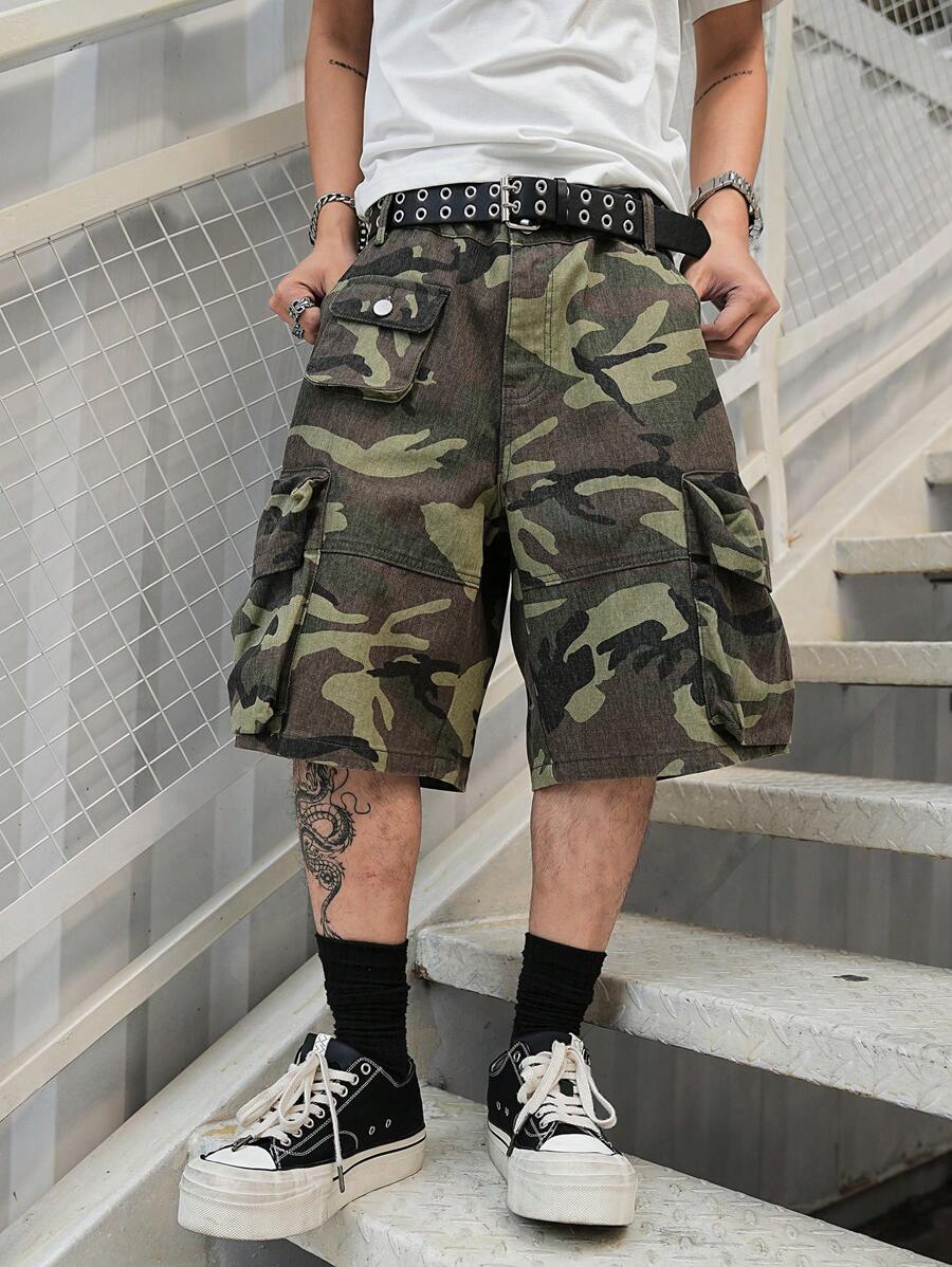 Manfinity EMRG Quần short denim in họa tiết rằn ri thường ngày cho nam - xanh quân đội - Xem 1