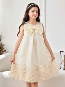 Tween Girl 3D Flower Patchwork Big Bow Decor Round Neck Sleeveless A-Line Dress