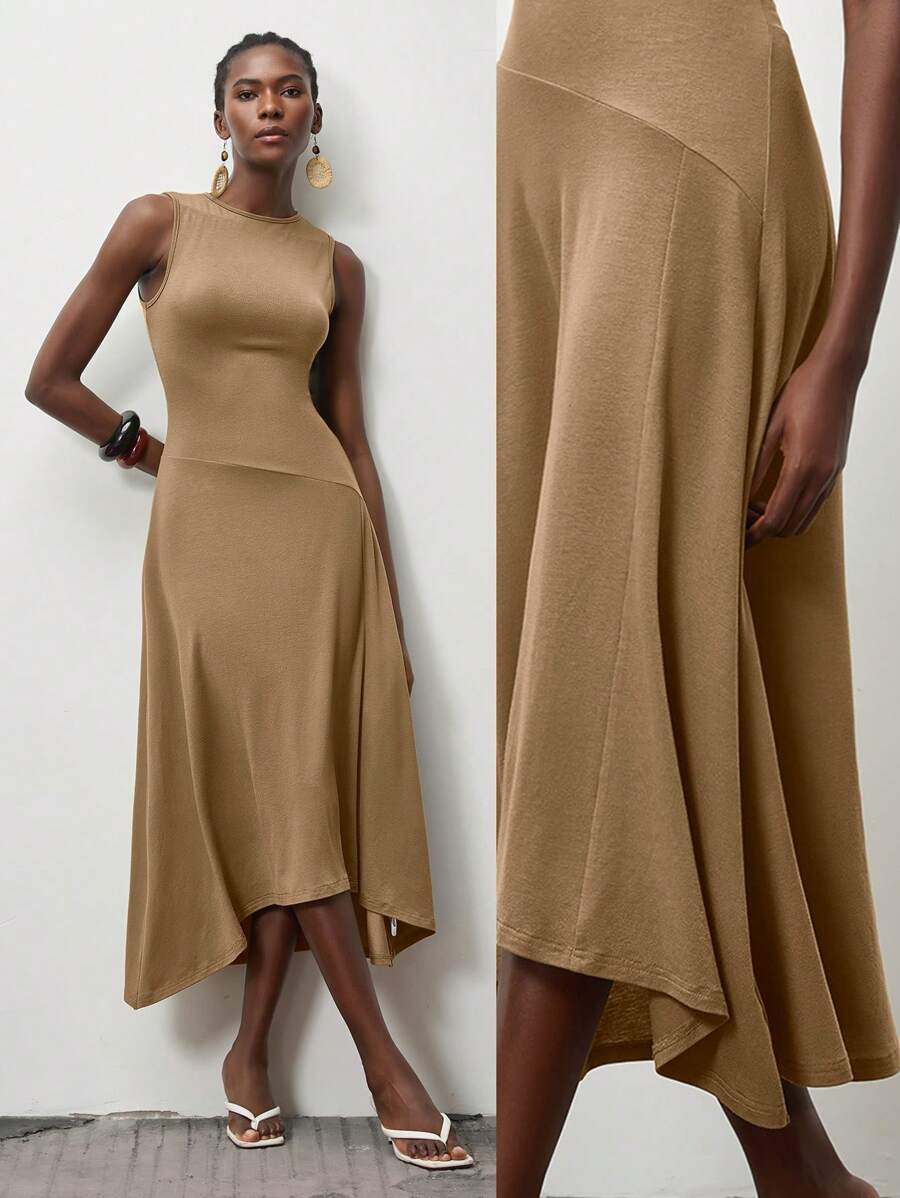 Lumivelle 女士优雅无袖纯色连衣裙，春夏