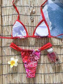 Swim Mod 2pcs/Set Women Summer Random Print Halter Backless Thong Bikini Set, Sexy - Multicolor - View 2