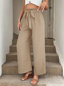 Easowa Pantalones anchos de mujer con lazo en el bajo, pantalones fluidos elegantes y casuales para vacaciones - Caqui - Ver 4