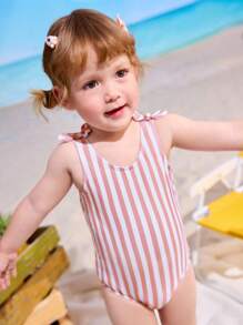 SHEIN Baby Girls Beachwear, Suitable For Summer Swimming, One-Piece Swimsuit With Digital Polyester Gray White Stripe Printing, Fashionable And Cute, Casual, Suitable For Summer Swimming Baby Girl Clothes Beach Baby Beach Wear Girl Baby Clothes Beach Baby Clothing Summer Toddler Beach Girl Clothes - Grey - View 6