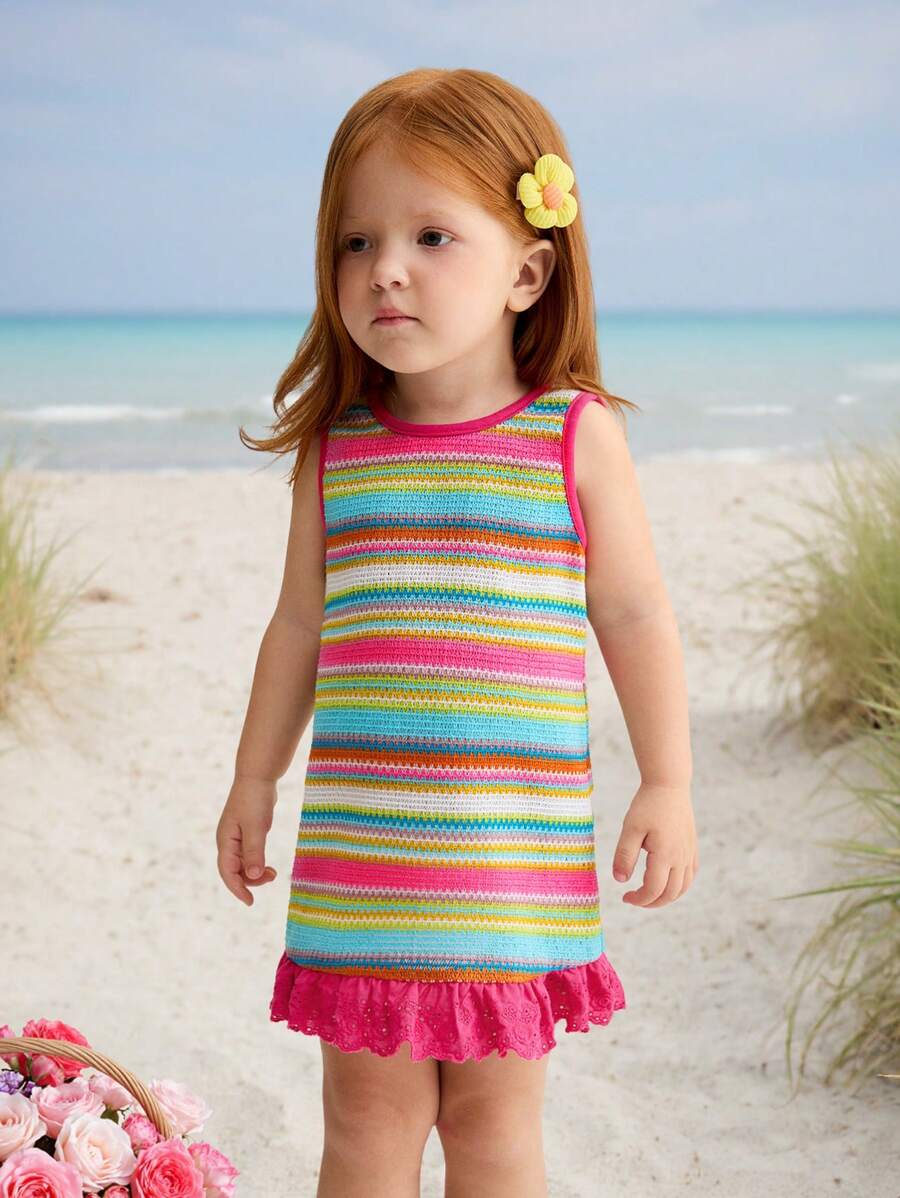 SHEIN Baby Girls' Casual Cute Colorful Striped Contrast Ruffle Trim Dress - Pink - View 1