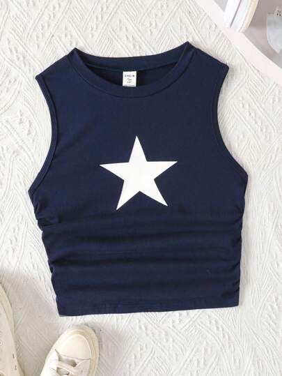 SHEIN 少女纯色星星图案褶饰休闲背心