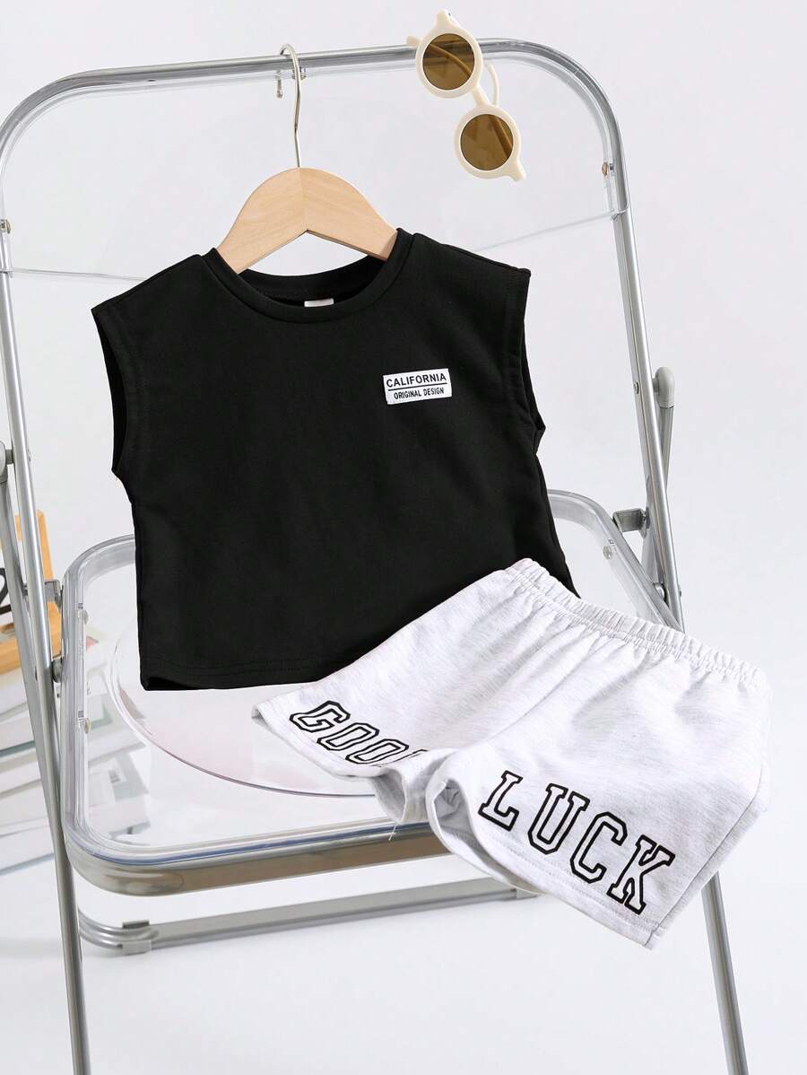 SHEIN 2 Stück/Set Baby Jungen süßer vielseitiger Lässig Koreanischer Stil schwarzes Top mit Buchstaben Grafik & Shorts Set, Sommer - Verschiedenfarbig - Übersicht 1