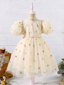 SHEIN Rochie drăguță pentru fete cu broderie florală din plasă cu gât rotund și mânecă bufantă