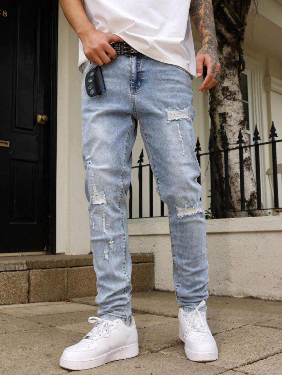 Manfinity EMRG Men's Casual Washed Distressed Tapered Leg Ripped Denim Jeans - Light Wash - View 1