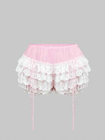 Fairycore Pantalones cortos elegantes de cintura elástica con lazo decorativo en contraste de color y diseño de capas para talla grande, para el verano