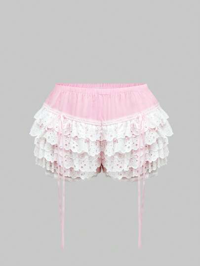 Fairycore شورت صيفي أنيق مرتفع الخصر مزين بفيونكات متداخلة الألوان، مطاطي البطن لمقاسات كبيرة