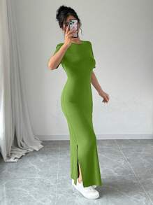 Selianne Vestido largo de mujer con cuello en V, bajo dividido y manga corta en unicolor - Conjunto de mujer