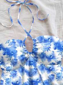 Soleia Blue Flower Print Racerback Tank Top, Fitted For Women Beach Vacation, Suitable For Summer, Boho Chic, Spring Break, Vacay Vibes - Blue and White - View 5