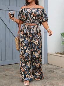 SHEIN VCAY Plus Size Women Floral Print Off-Shoulder Short Puff Sleeve Shirt And Wide Leg Pants 2 Pieces Set, Vacation Fashion Beach Outfits For Woman Birthday Outfits For Women Vacation Two Pieces Set Summer Outfits For Women Vacation Outfits Woman Graduation Outfits Woman Boho Women's Clothing Rave Outfits Festival Going Out Outfits Airport Outfit For Women Western Country Outfits Women 4th Of July Women European Summer Women Summer Clothing Woman S Summer Clothes Women S Clothes Women Summer Clothes Dre - Multicolor - View 4