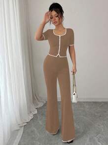 Elenzga 2 件套女士套装，前扣上衣和裤子，休闲优雅，适合通勤 - 咖啡棕 - 查看 3