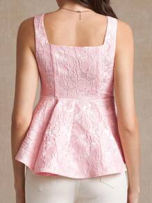 Amorya Áo crop top liền mạch họa tiết hoa jacquard màu hồng dành cho nữ, cổ vuông và viền xếp nếp - Hồng - Xem 2