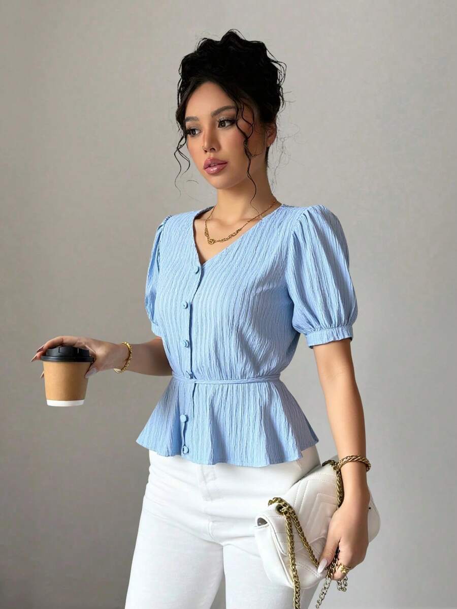 EMERY ROSE Áo sơ mi nữ tay ngắn, thời trang cho mùa hè - Màu xanh lam - Xem 1