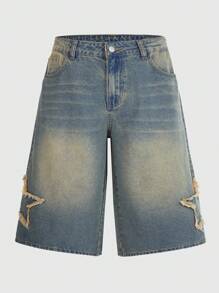 ROMWE MEN Street Life Men's Street Loose Fit Frayed Edge Star Pocket Contrast Color Casual Denim Jeans - Ginger - View 2