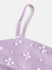 SHEIN Váy chữ A thắt eo trang trí ngọc trai tối giản thanh lịch cho bé gái tuổi mới lớn - Màu tím hoa cà - Xem 3