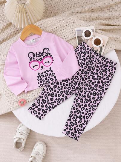 SHEIN Set de 2 piezas de blusa de manga larga con estampado de leopardo y pantalones para bebé niña, atuendo casual y cómodo, adecuado para niños de 0 a 3 años, para todas las estaciones, excelente relación calidad-precio