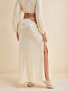 BY FELIZIA Saia Longa Elegante Sexy com Fenda Alta, Cintura com Contas Ocas e Lantejoulas Cor de Damasco, para Ocasiões Semi-Formais - Damasco - Visão 2