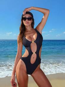 Swim SXY 1pc Solid Color Hollow Out Sexy Vacation Women's One-Piece Swimsuit For Summer - Black - View 4