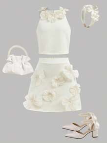 SHEIN Tween Girl Casual Elegant Knitted Solid Color 3D Rose Neck Tank Top & Mini Skirt 2-Piece Set, French Chic Outfit - Apricot - View 4