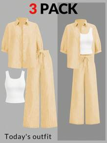 SHEIN LUNE Bộ 3 áo sơ mi hở trước màu xanh và trắng cho nữ, quần dài kẻ sọc và áo hai dây màu trắng, mùa xuân và mùa hè - Màu vàng - Xem 1