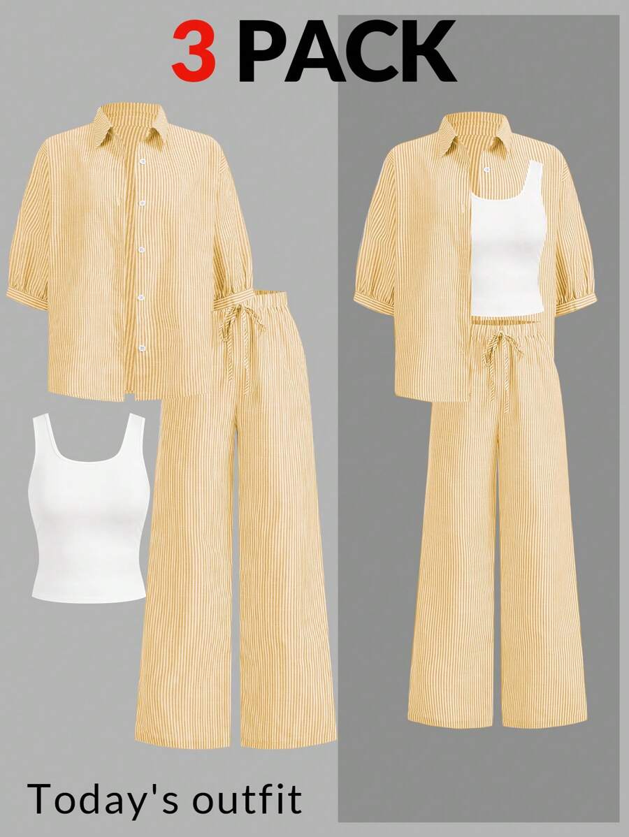 SHEIN LUNE Bộ 3 áo sơ mi hở trước màu xanh và trắng cho nữ, quần dài kẻ sọc và áo hai dây màu trắng, mùa xuân và mùa hè - Màu vàng - Xem 1