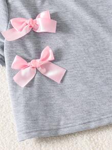 Sparklyn Conjunto de camiseta con decoración de lazo y falda plisada mini con decoración de lazo para niña preadolescente - Gris - Ver 5