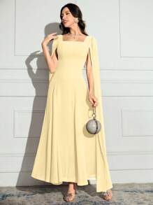 Modelyn Đầm dài đơn giản cổ vuông màu trơn cho nữ, đầm dạ hội dài - Màu vàng - Xem 3