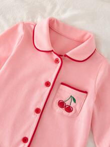 SHEIN Newborn Baby Girl Cartoon Cherry Embroidered Lapel Snap Long Pants Knit Soft Skincare Romper Pajama Set - Baby Pink - View 3