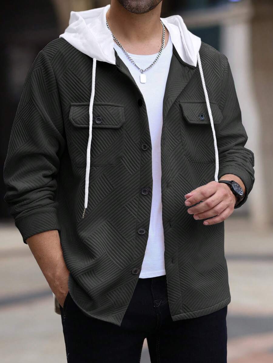 Manfinity Homme Veste à capuche à poches utilitaires à simple boutonnage et manches longues pour hommes - Noir - Voir 1