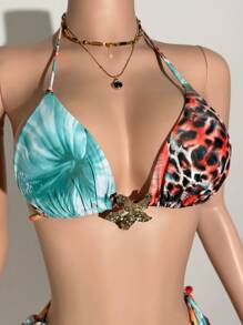 Slaydiva 2025 Spring/Summer New Romantic Beach Party Personalized Dopamine Colorful Leopard Floral Print Sheer Mesh Bralette & Fish Tail Skirt Bikini Swimwear Set, Western Wear Women - Multicolor - View 6