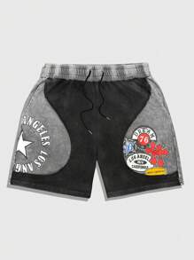 ROMWE MEN Prep Men's Street Summer Casual Contrast Color Patchwork Letter Print Shorts - Multicolor - View 1
