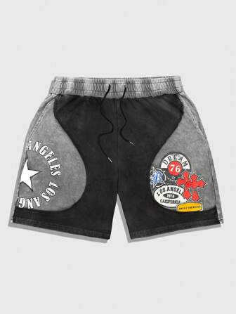 Prep Shorts casuales de verano para hombres con estampado de letras en parches de color contrastante
