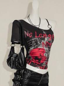 SHEIN ICON Women Y2k Going Out Dragon Print Asymmetrical Neckline Short Sleeve Fashionable T-Shirt,Everyday Wear