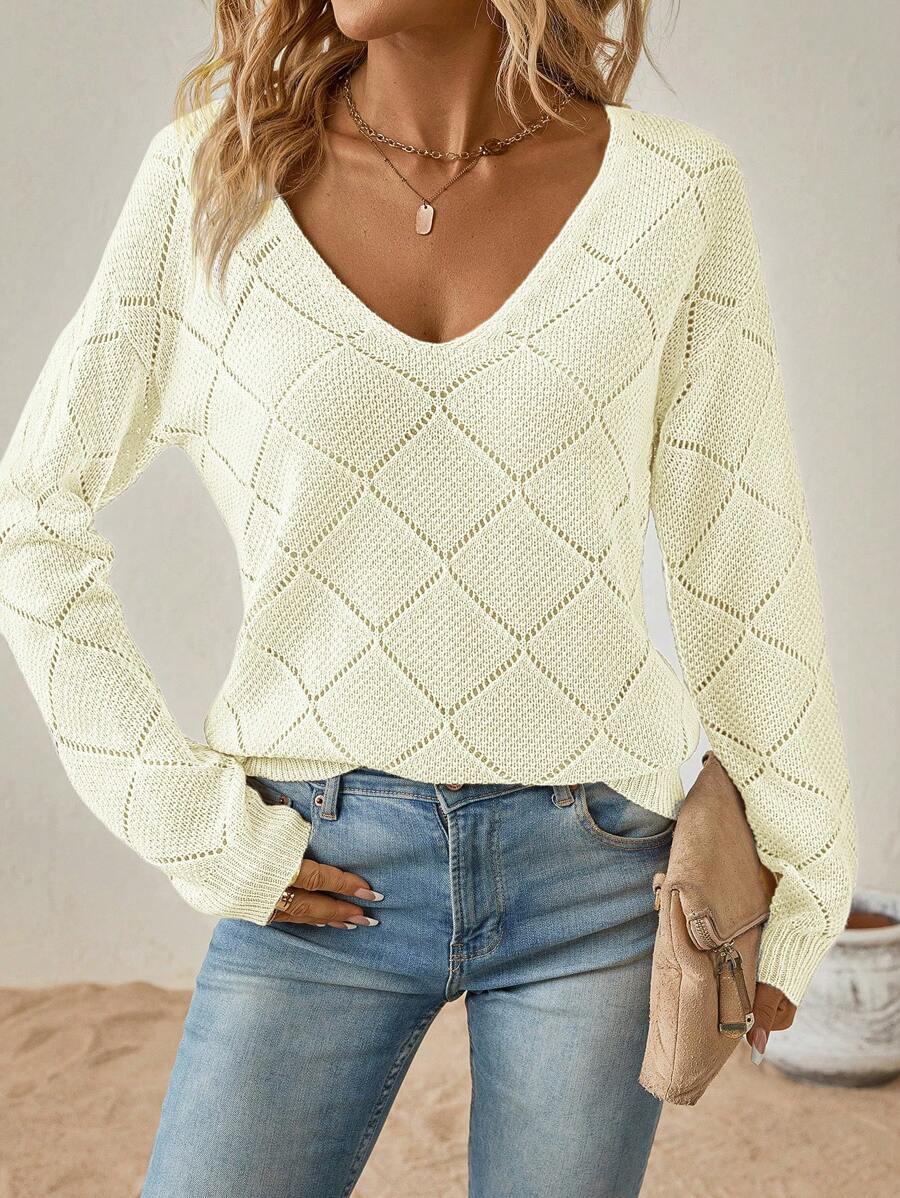 SHEIN LUNE Dệt kim chấm bi Thả vai Áo len - trắng - Xem 1