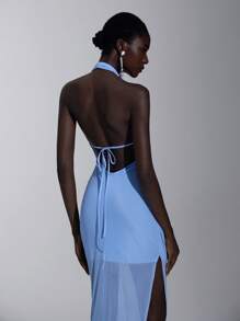 Elitara 优雅水蓝色垂坠领口露背性感开衩下摆透视网眼鱼尾伴娘礼服 - 淺藍色 - 查看 2