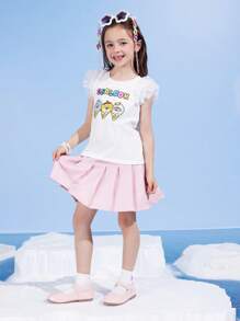 SEALOOK X SHEIN 少女卡通海豹和冰淇淋印花荷叶边袖白色短袖T恤 - 白色 - 查看 6