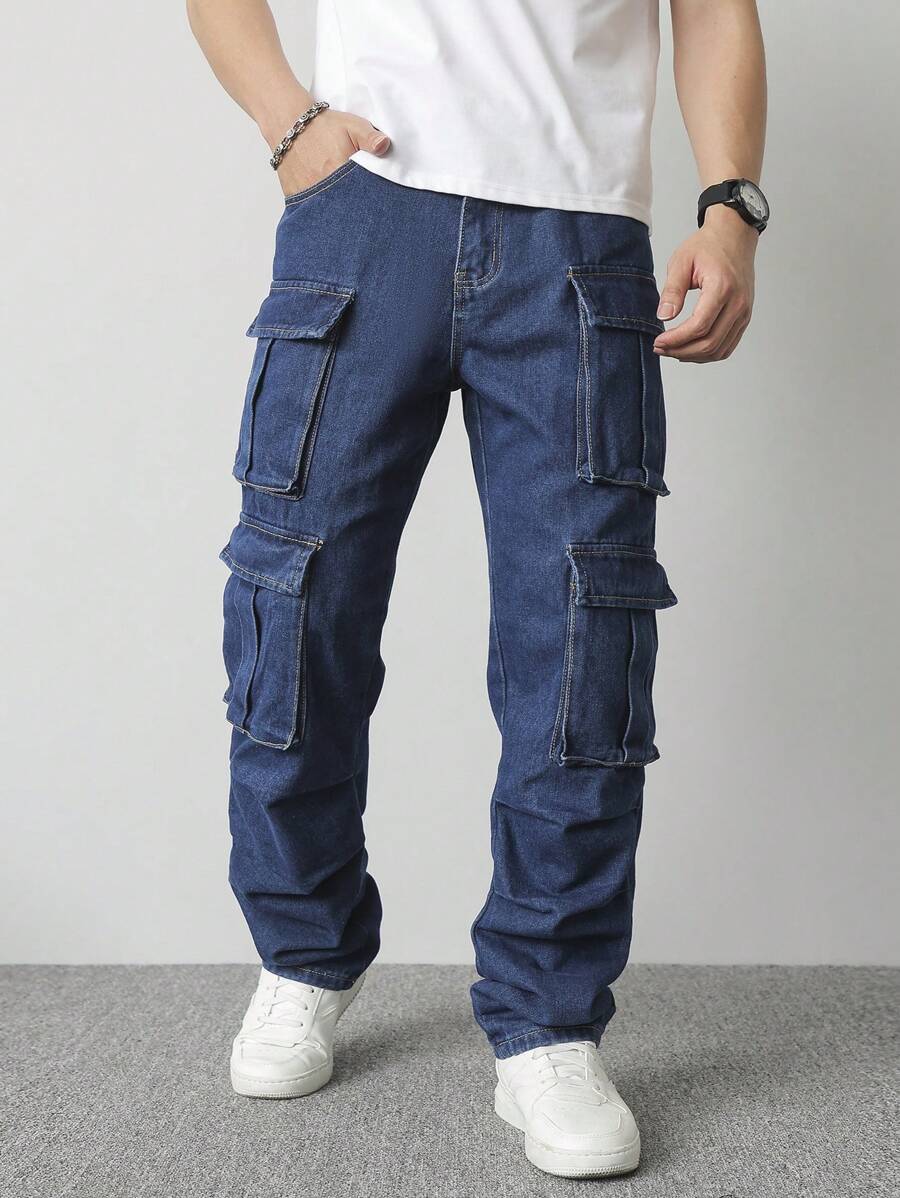 Manfinity Homme Men's Solid Color Multi-Pocket Casual Cargo Denim Jeans - Medium Wash - View 1